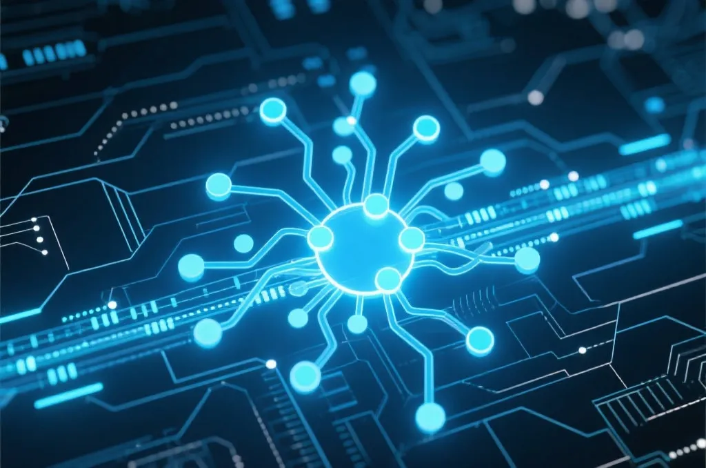 Abstract visualization of neural network processing digital streams and data flow